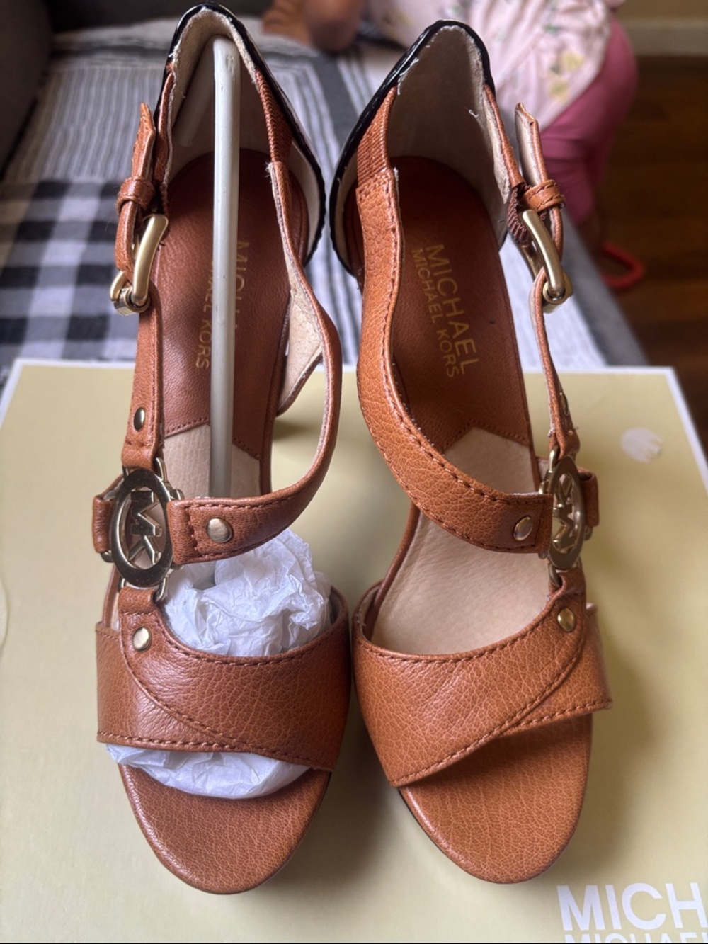 MICHAEL Michael Kors Brown Leather T-Strap Heeled Sandals with Gold Logo